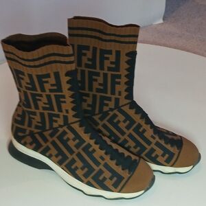 Fendi FF Monogram Openwork Hi-Top Sock Sneakers in brown and black. Size 8.5